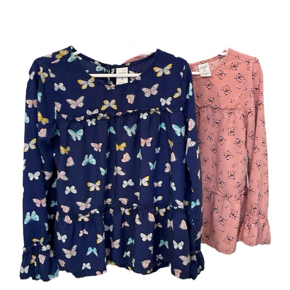 CARTERS UEC Girls Size 7 Lot of 2 Long Sleeve Blouses Blue butterfly Pink flower